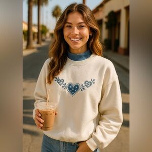 Vintage 90s Cream Sweatshirt with Blue Heart Design double collar crewneck